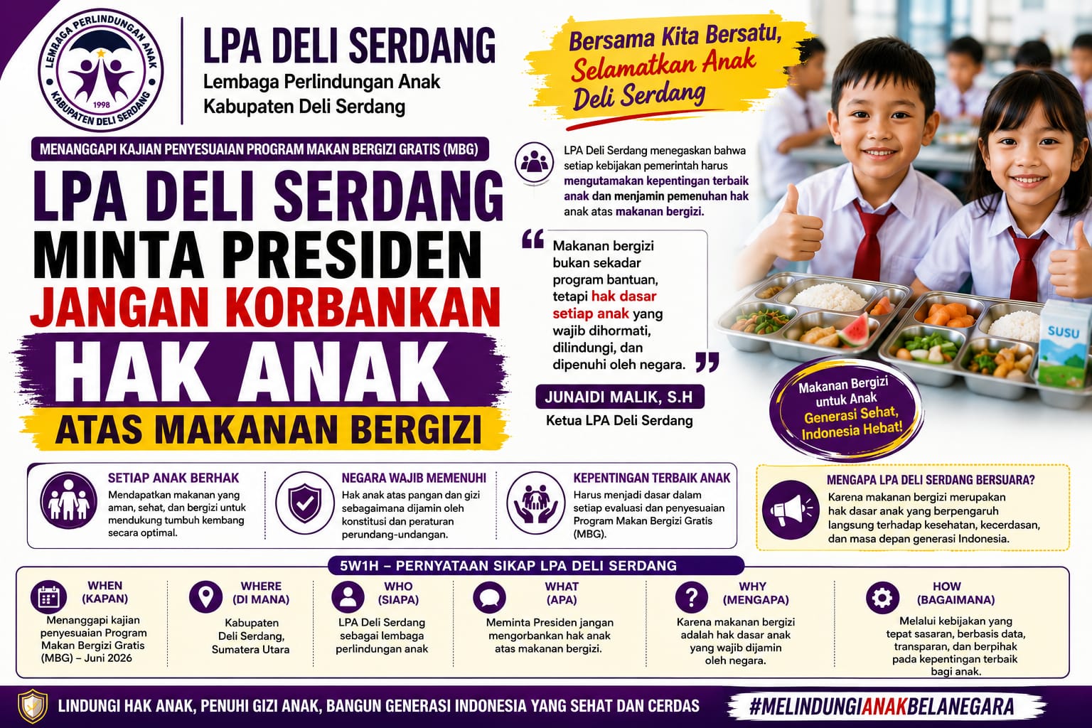 LPA Deli Serdang Minta Presiden Jangan Korbankan Hak Anak atas Makanan Bergizi