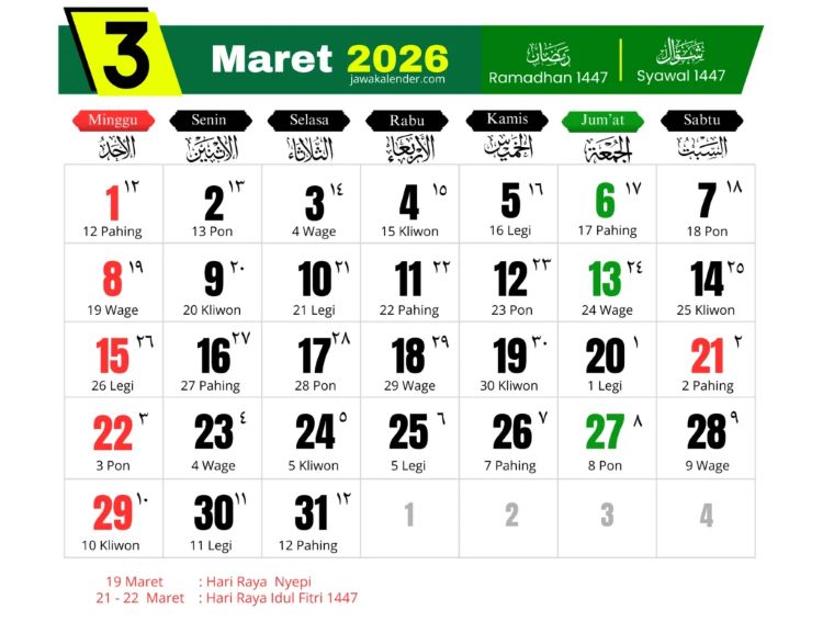 Daftar Libur Nasional dan Cuti Bersama Maret 2026, Libur 7 Hari