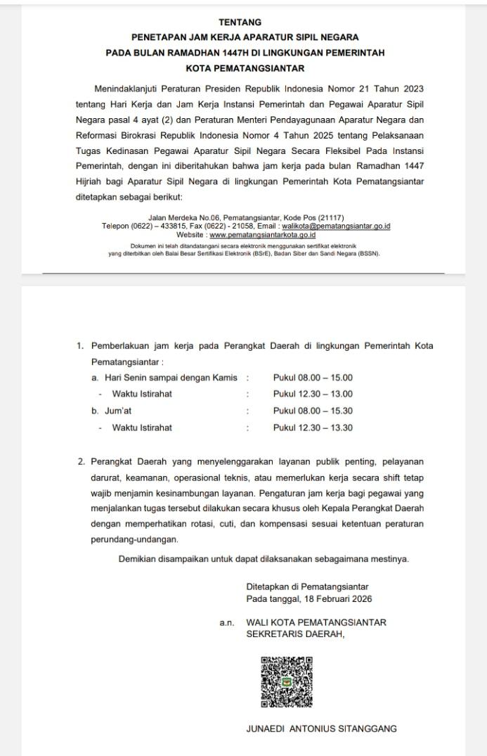 Resmi! Ini Jam Kerja ASN Pematangsiantar Selama Ramadhan 2026