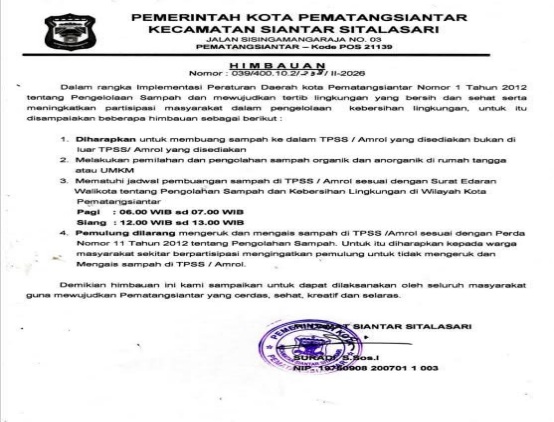 Tertib Sampah, Camat Siantar Sitalasari Tegaskan Larangan Mengais di TPSS