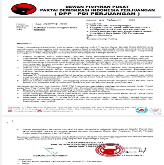 DPP PDI Perjuangan Terbitkan Surat Rahasia soal Program MBG, Kader Dilarang Ambil Manfaat