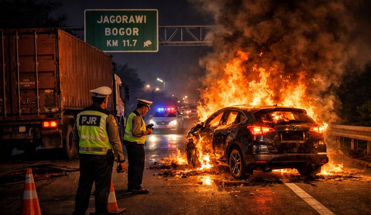 Tabrak Truk, Honda HR-V Terbakar di Tol