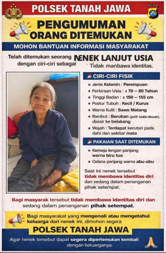 Polsek Tanah Jawa Temukan Nenek Tanpa Identitas, Polisi Cari Keluarganya