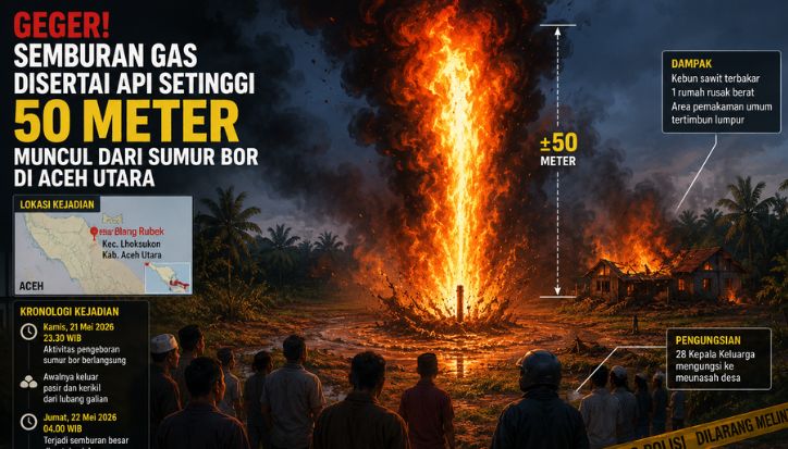 Geger! Semburan Gas Disertai Api Setinggi 50 Meter Muncul dari Sumur Bor di Aceh Utara
