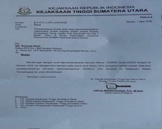 Kejati Sumut Limpahkan Dugaan Korupsi Pengadaan PJU Pematangsiantar ke Kejari