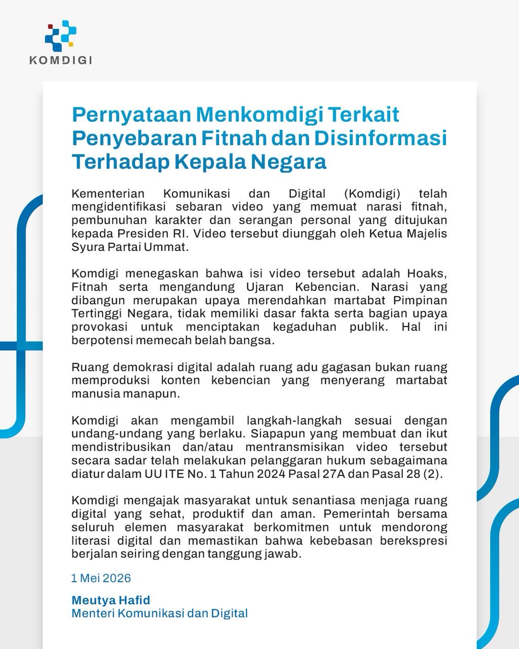 Komdigi: Video Serang Presiden Hoaks, Diduga Diunggah Amien Rais